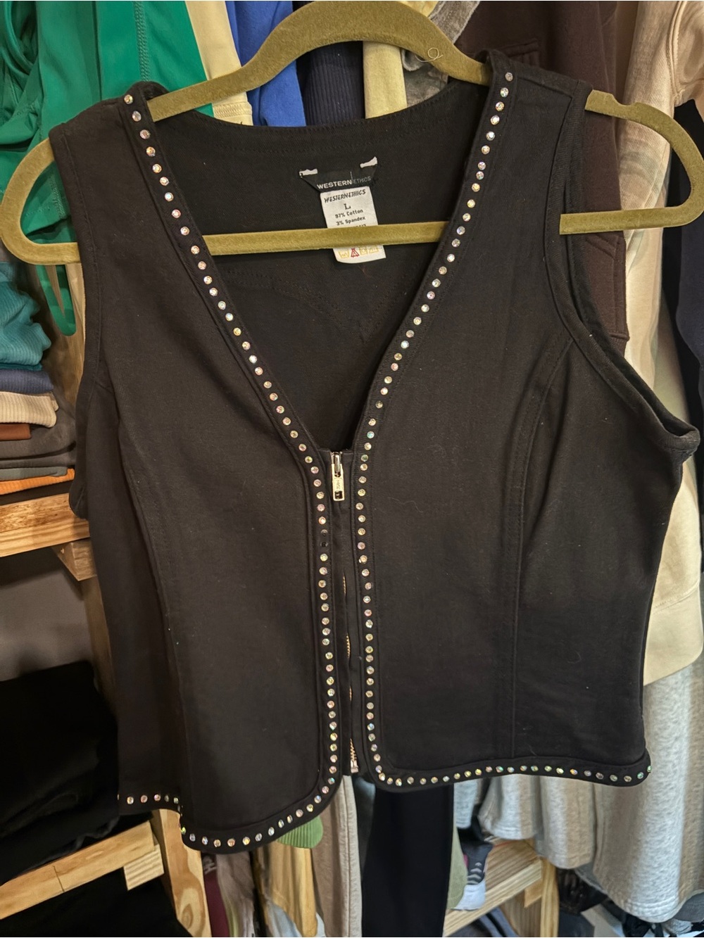 Women's Black Stud-Trim Sleeveless Zip Front Top